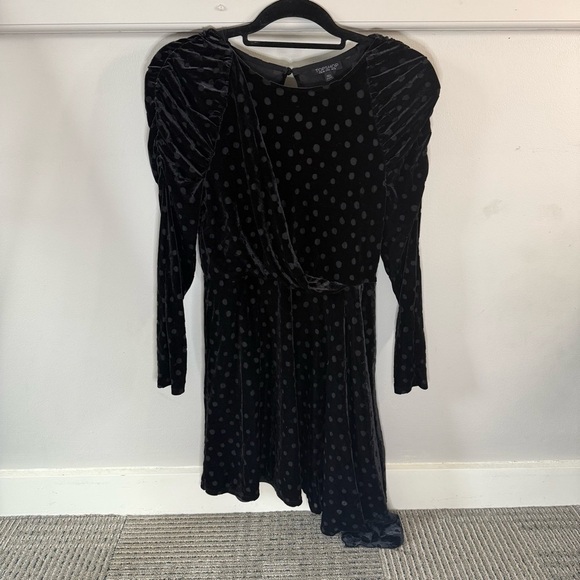 Topshop Black Polka Dot Velvet Dress Puff Sleeve Asymmetrical - Picture 1 of 7
